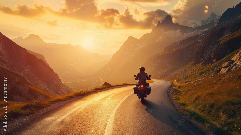 A person is riding a motorcycle down a winding mountain road during sunset A person is riding a motorcycle down a winding mountain road during sunset