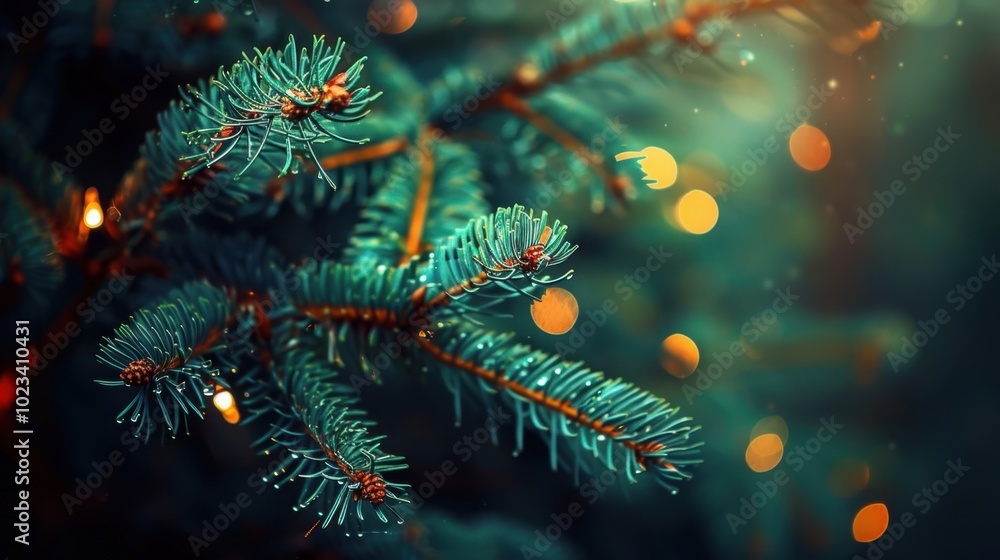 Close-Up of Pine Tree Branch with Christmas Lights Close-Up of Pine Tree Branch with Christmas Lights