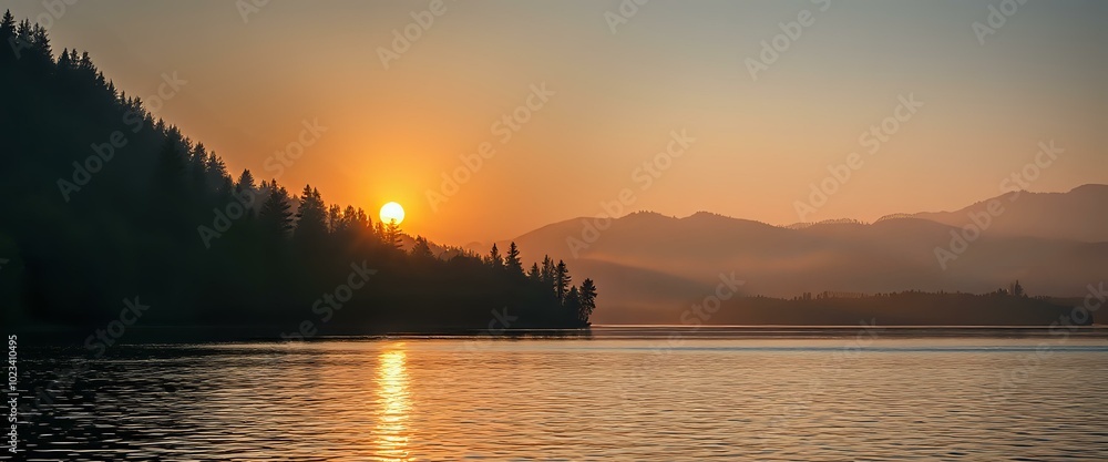 Naklejka premium Serene Sunset Landscape: Tranquil Lake, Lush Forest, Majestic Mountains