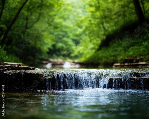 A beautiful photograph showcasing a tranquil waterfall nestled amidst a lush forest. The water cascades over moss covered rocks  creating a serene and peaceful scene