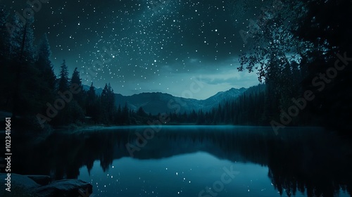 Starry night over tranquil lake and mountains