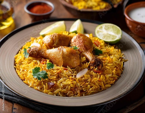 biryani rice, indian meal, chicken photo