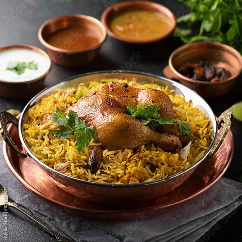 biryani rice, indian meal, chicken photo