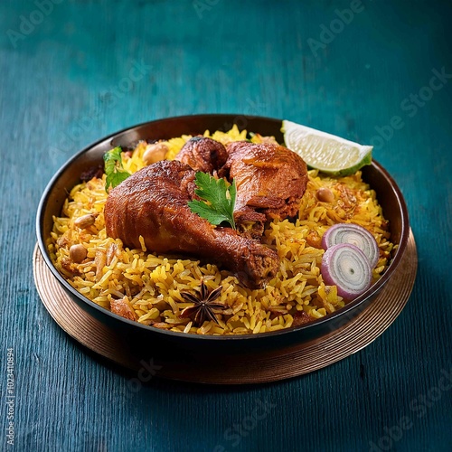 biryani rice, indian meal, chicken photo