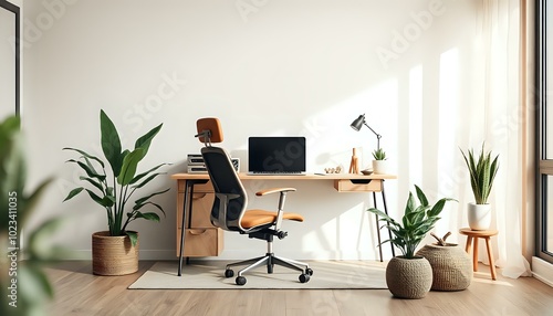 Cozy Home Office Setup for Remote Work: Black Office Chair with Plants and Natural Light