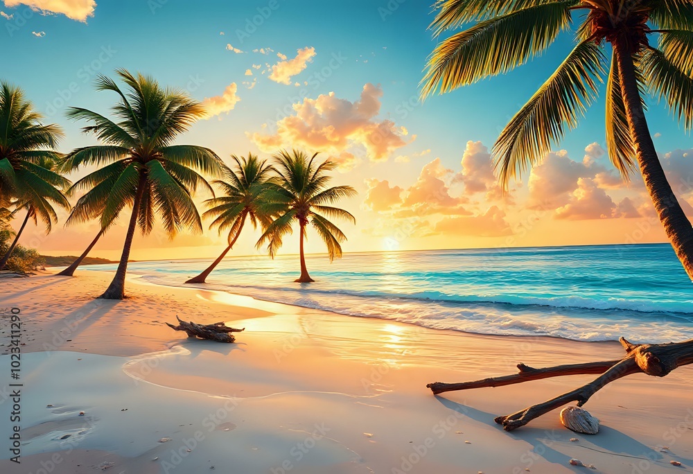 Obraz premium Serene Tropical Beach Sunset Landscape - No People