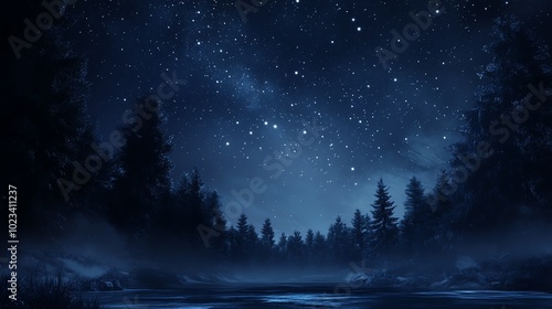 Starry night sky over tranquil forest lake photo