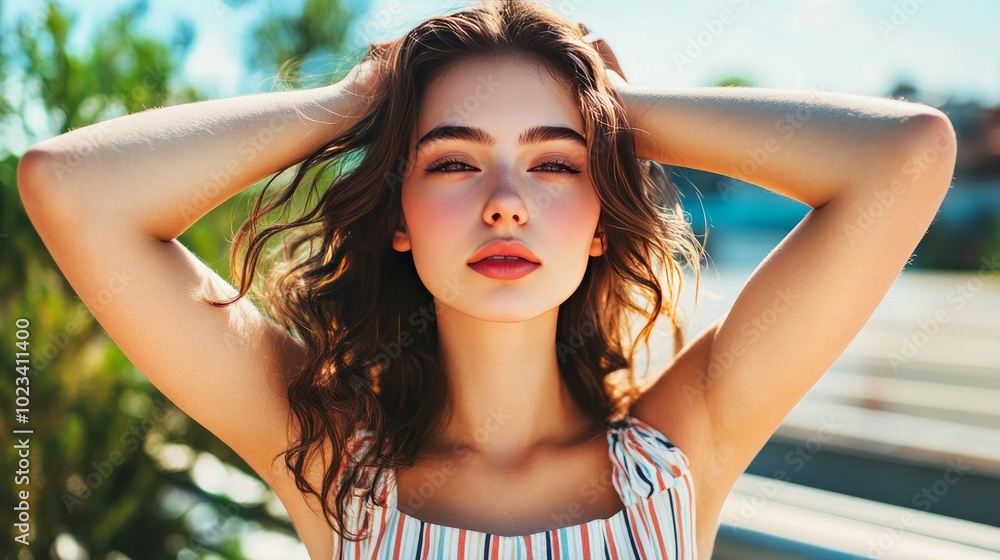 Gorgeous young Caucasian girl holding her hands on her head outside while wearing a cocktail-striped dress. A brunette with curly hair is seated on a balcony. Concept of relaxation time. Gorgeous young Caucasian girl holding her hands on her head outside while wearing a cocktail-striped dress. A brunette with curly hair is seated on a balcony. Concept of relaxation time.