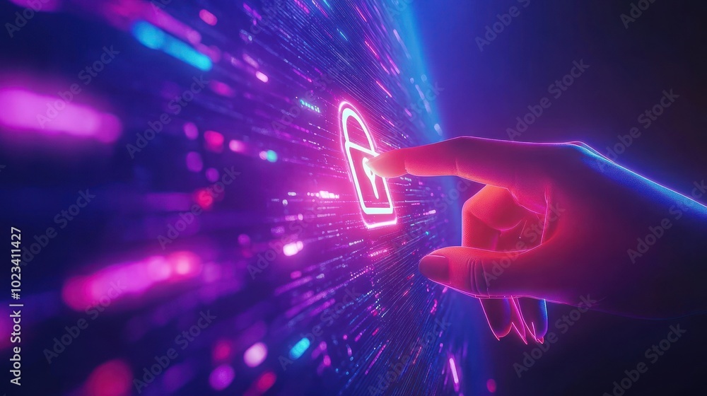 Hand touching virtual lock symbol on neon digital screen Hand touching virtual lock symbol on neon digital screen