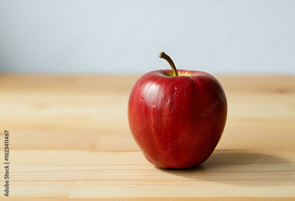 Vibrant Red Apple on Wooden Surface - Fresh Picked Vibrant Red Apple on Wooden Surface - Fresh Picked