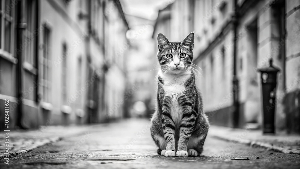 Obraz premium Grown up black and white street kitten captured in forced perspective