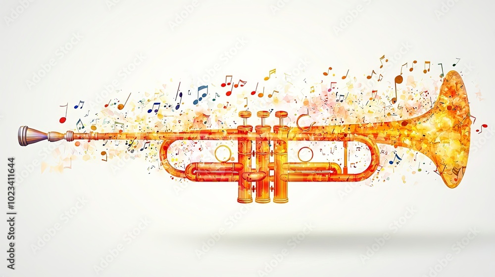 A striking depiction of an orange-hued trumpet with a cascade of musical notes, representing passion, creativity, and expressive joy in artistic flair. A striking depiction of an orange-hued trumpet with a cascade of musical notes, representing passion, creativity, and expressive joy in artistic flair.
