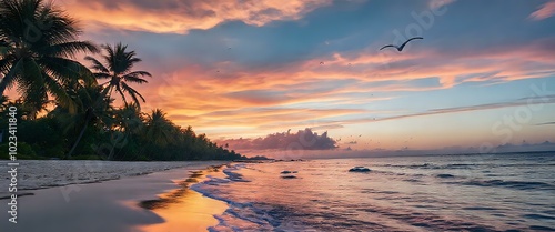 Serene Sunset on Tropical Beach with Gentle Waves
