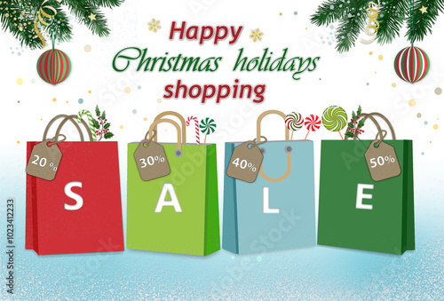 Happy Сhristmas holidays shopping invitation flayer.   Сhristmas shopping bags with gifts and special offer sale labels against festive winter background . Free copy space. photo