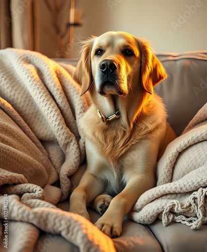 Comfortable Labrador Retriever on Couch, Relaxing in Warm Lighting