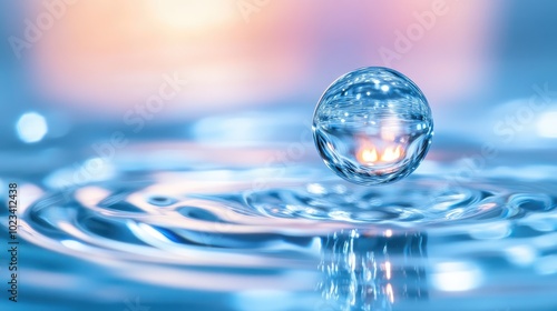 A close-up of a crystal-clear glass drop, capturing the reflections and refractions of light as it clings to a surface