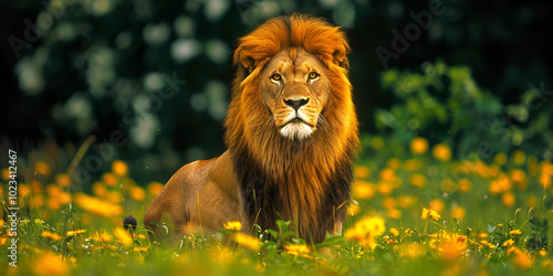 Verticalm of an African lion on a green mead:background image
