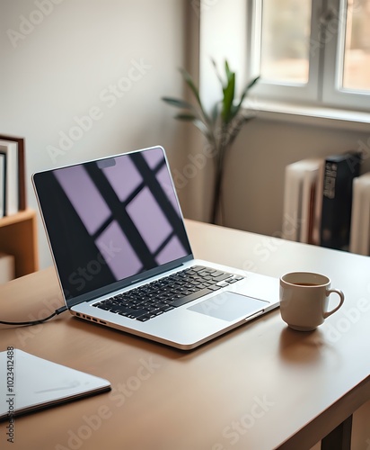 Modern Workspace: Wooden Table with Laptop and Coffee Mug