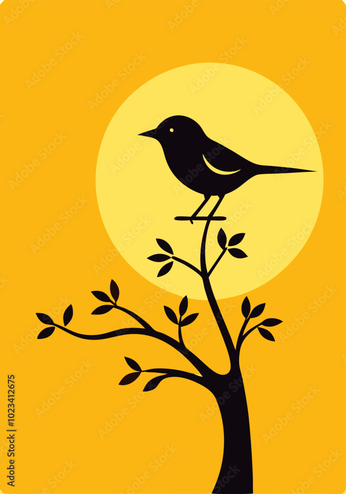 Fototapeta premium Bird on a Tree: Artistic Minimalist Illustration with a Sunny Accent.