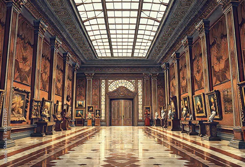 Fototapeta premium Opulent Art Museum Hallway with Stained Glass & Sculptures - Cultural Treasure