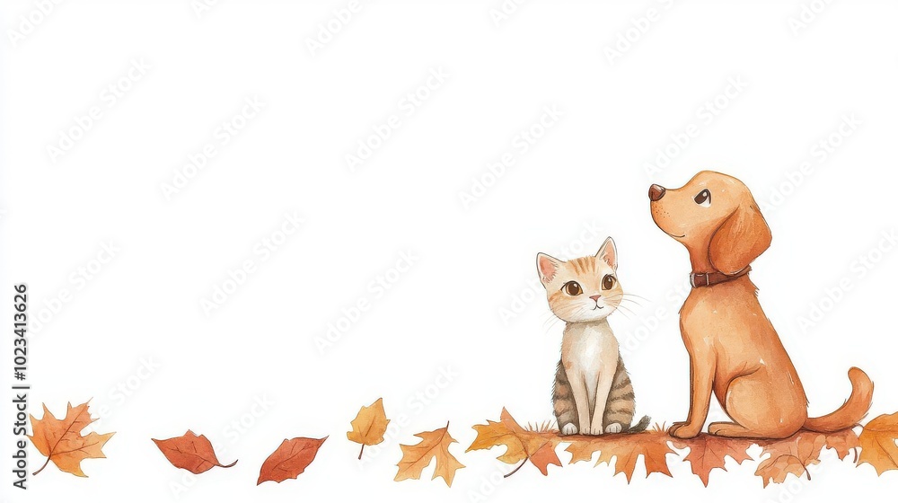 Obraz premium Cute dog and cat with autumn leaves, white background