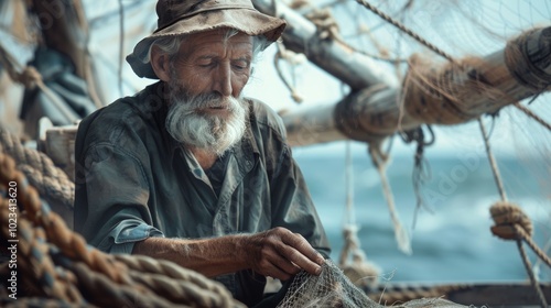 Seasoned Fisherman Casting His Net on the Stormy Seas