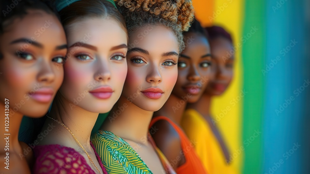 Diverse women posing against colorful backdrop Diverse women posing against colorful backdrop