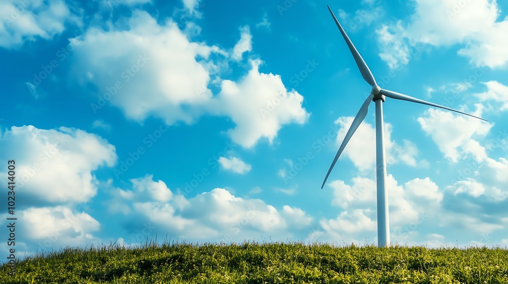 Fototapeta premium A serene landscape featuring a wind turbine against a backdrop of blue sky and fluffy clouds, promoting renewable energy.