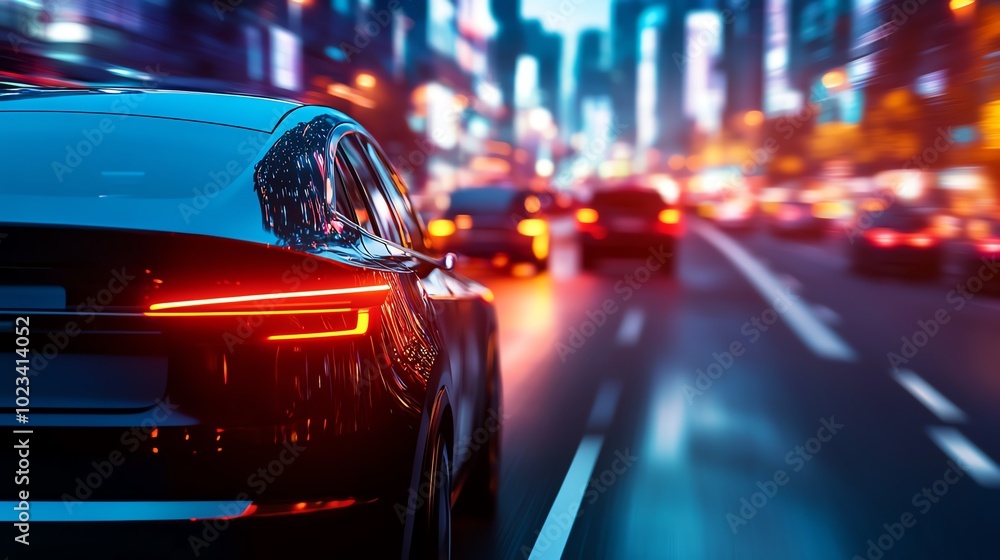 A sleek black car in a vibrant cityscape at night, showcasing dynamic lights and urban energy. A sleek black car in a vibrant cityscape at night, showcasing dynamic lights and urban energy.