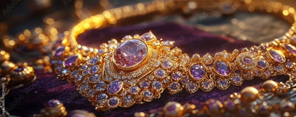 Fototapeta premium Elegant gold necklace with gemstones, close-up