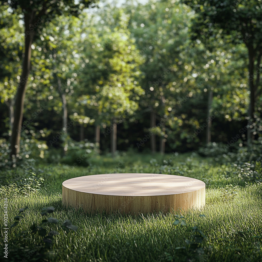 Wooden Round Podium in a Lush Forest Setting: Realistic 3D Illustration on Grass with Scenic View Wooden Round Podium in a Lush Forest Setting: Realistic 3D Illustration on Grass with Scenic View