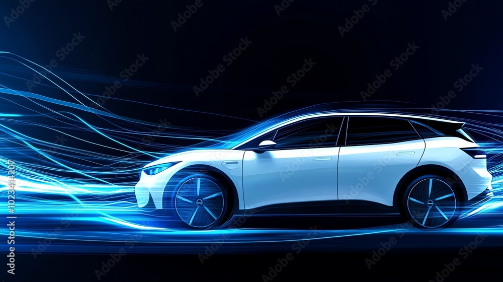 A sleek electric car in motion, showcasing dynamic light trails that emphasize speed and innovation in automotive design. A sleek electric car in motion, showcasing dynamic light trails that emphasize speed and innovation in automotive design.