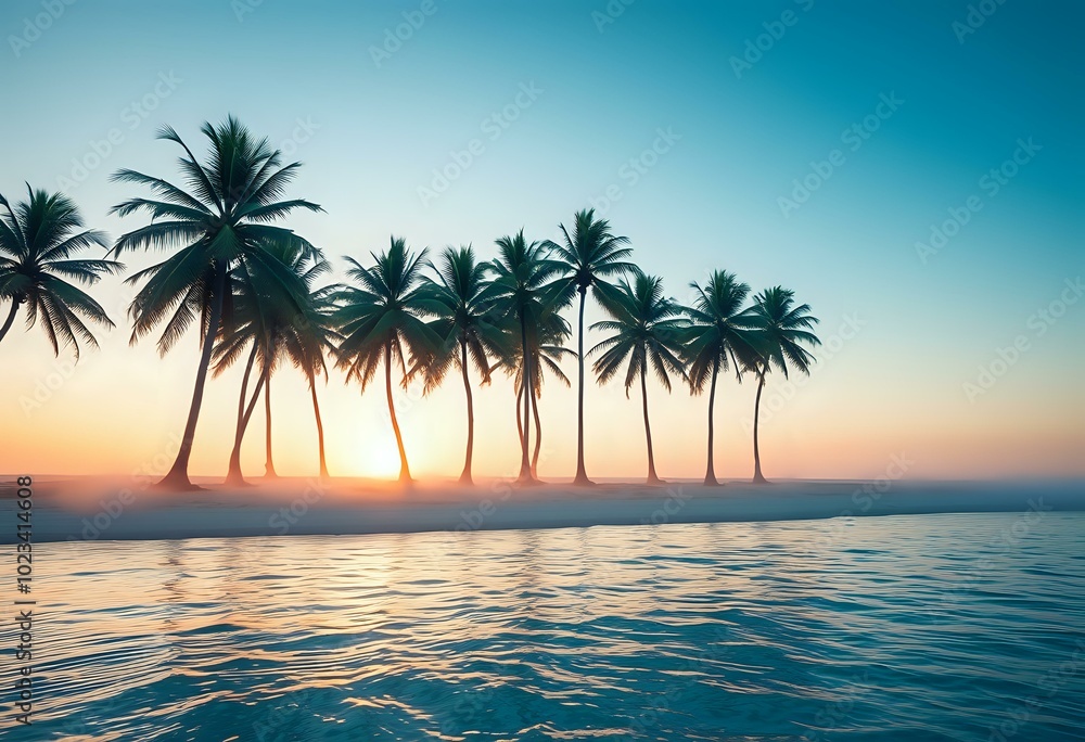 Serene Tropical Sunset on Sandy Beach with Palm Trees Serene Tropical Sunset on Sandy Beach with Palm Trees