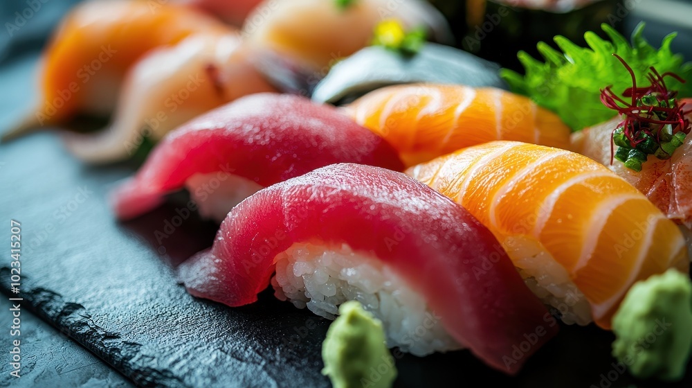 Elegant Sushi Platter Close-Up on Slate Surface Elegant Sushi Platter Close-Up on Slate Surface