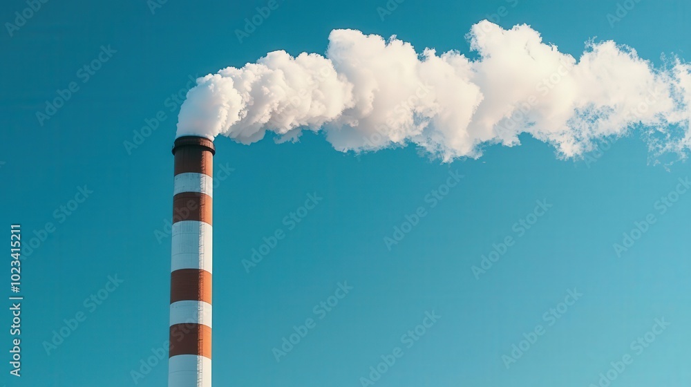 Industrial chimney emits white smoke against blue Industrial chimney emits white smoke against blue