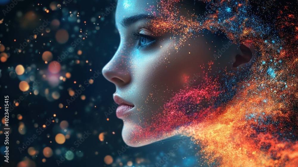 Colorful cosmic face blending with abstract starscape Colorful cosmic face blending with abstract starscape