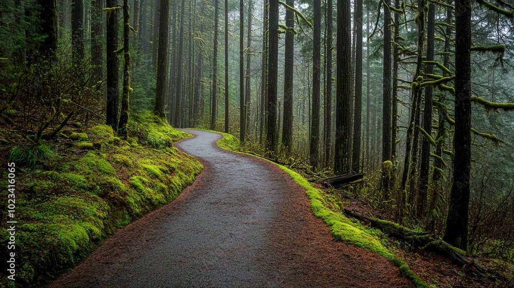 Obraz premium Winding path through dense forest scenery