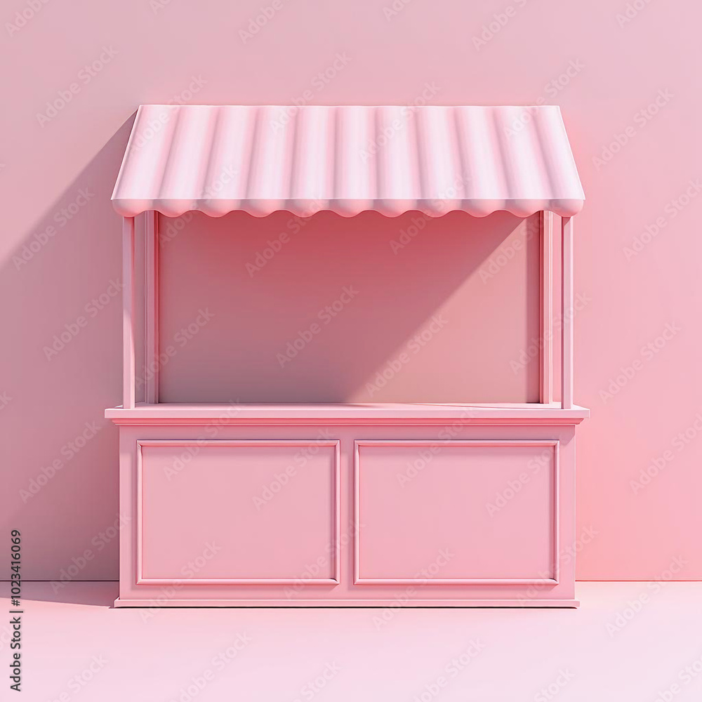 Pink Kiosk Exhibition Booth with Product Display Shelf and Striped Awning, Isolated on Pastel Pink Background, Minimal Creative Concept Pink Kiosk Exhibition Booth with Product Display Shelf and Striped Awning, Isolated on Pastel Pink Background, Minimal Creative Concept