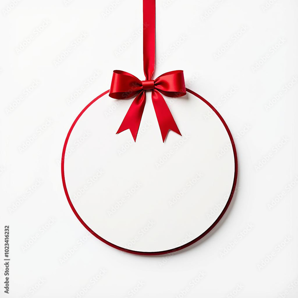 White Round Christmas Ball Tag Hanging with Shiny Red Ribbon and Bow, Isolated on White Background, Christmas Decoration Template