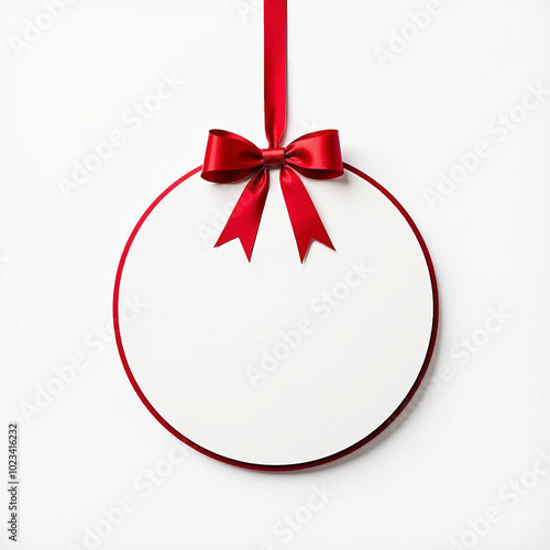 Obraz na płótnie White Round Christmas Ball Tag Hanging with Shiny Red Ribbon and Bow, Isolated on White Background, Christmas Decoration Template w salonie