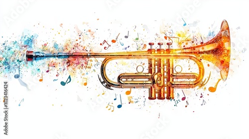 The image presents a stunning trumpet with a dramatic cascade of vibrant musical notes, embodying the lively spirit and emotive power of music in an artistic fashion.