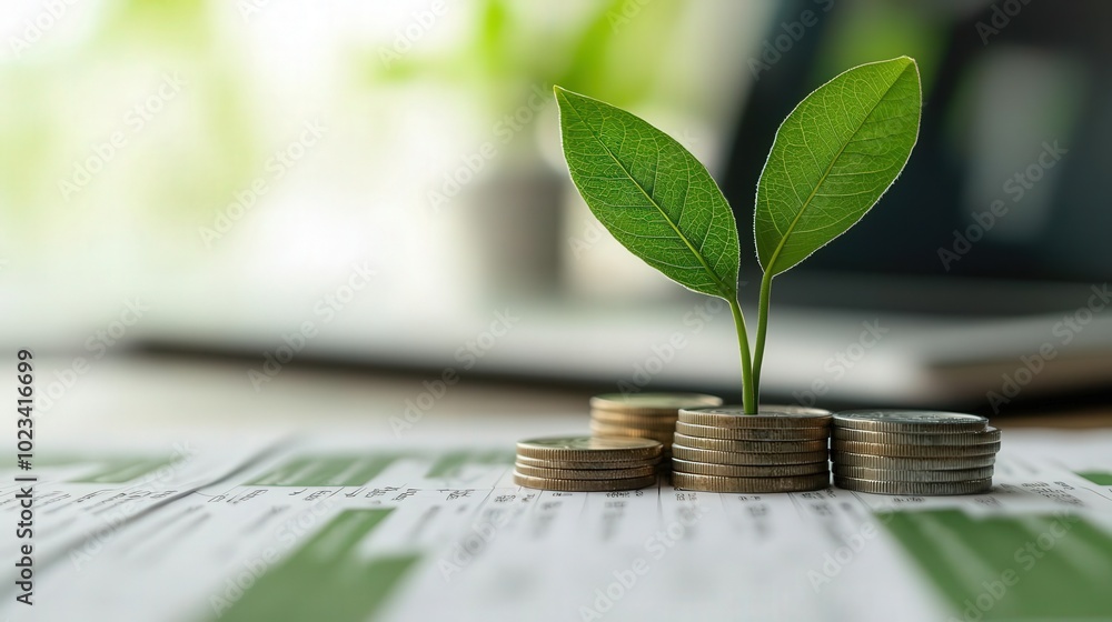 Plant growing from stacked coins on a desk Plant growing from stacked coins on a desk