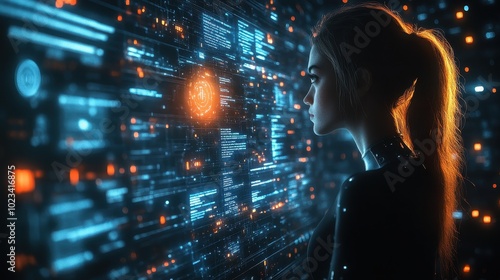 A woman gazes at a glowing data interface, surrounded by vibrant blue and orange lights, symbolizing technology and digital innovation.