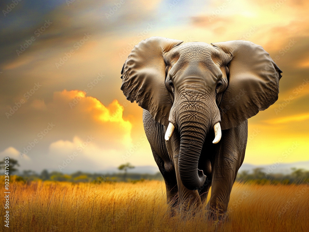 Obraz premium Big male elephant with great white ivory tusks on the tall-grass savannah