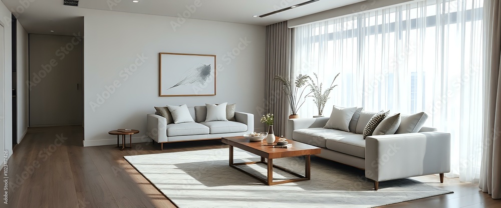 Minimalist Modern Living Room with Natural Light, Gray Sofa, Wooden Coffee Table, and Cozy Ambiance Minimalist Modern Living Room with Natural Light, Gray Sofa, Wooden Coffee Table, and Cozy Ambiance
