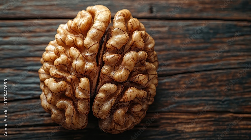 A close-up view of a textured walnut on a rustic wooden surface, highlighting its intricate details and natural beauty. A close-up view of a textured walnut on a rustic wooden surface, highlighting its intricate details and natural beauty.