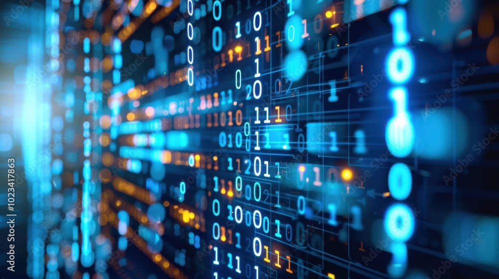 Digital Binary Data Stream in Blue and Orange Lights Digital Binary Data Stream in Blue and Orange Lights