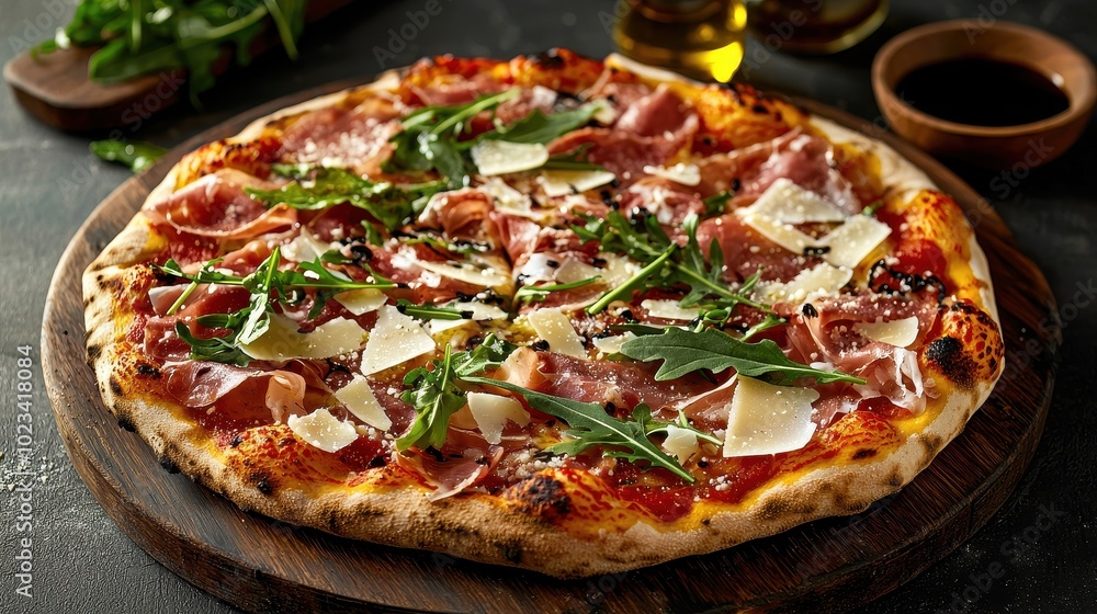 Delicious Wood-Fired Pizza with Prosciutto Toppings Delicious Wood-Fired Pizza with Prosciutto Toppings