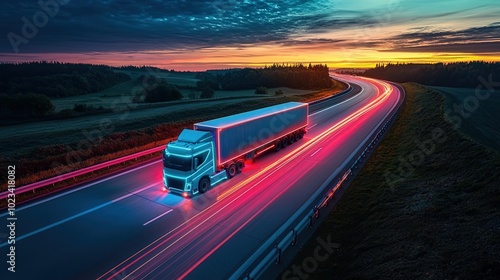 Truck on highway at sunset with light trails.