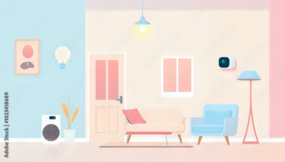 Fototapeta premium Cozy Light Blue Living Room with Relaxing Ambiance, Nature Touches & Music